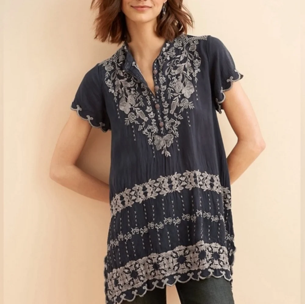 JOHNNY WAS Fletcher Embroidered Tunic Top Blue Grey Oversized Small - Picture 1 of 12